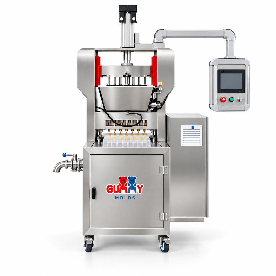 Front view of a dual-hopper commercial gummy depositor for two-color and center-filled gummies