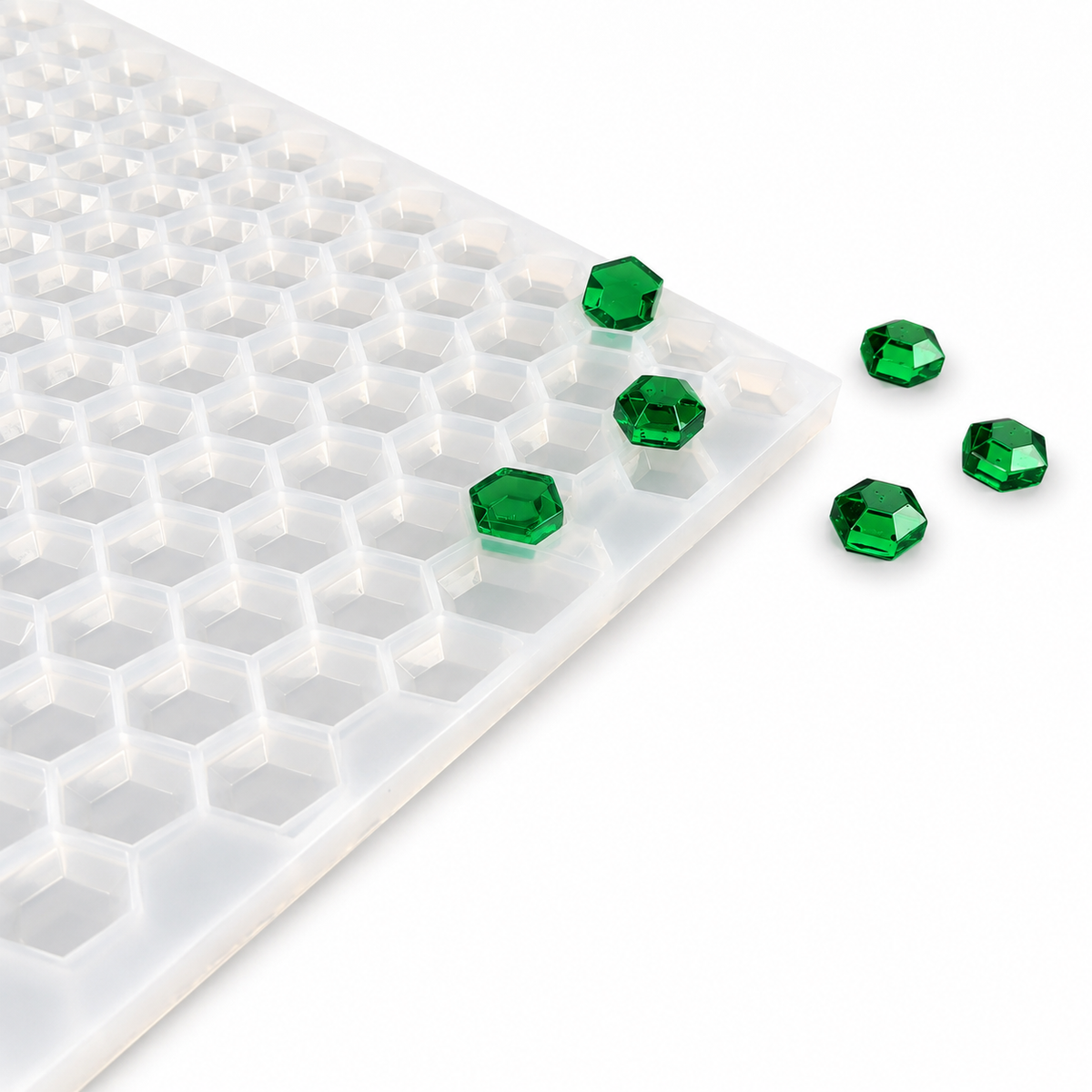 3mL hexagon gem silicone gummy mold with 263 cavities and emerald-green gummy samples