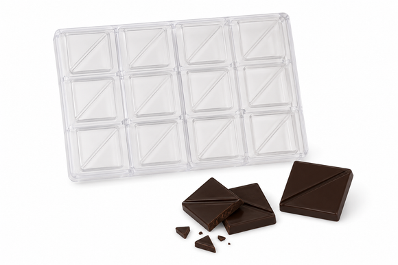 20g square breaker polycarbonate chocolate bar mold with 12 diagonal-split cavities and finished chocolate bars
