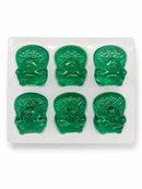Custom beaver gummy mold prototype with six emerald green gummies on a white background