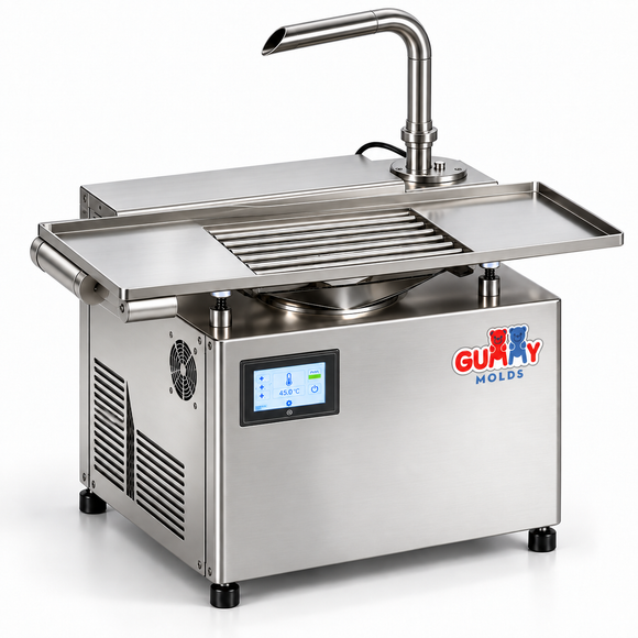 Angle view of Gummy Molds 5.5L desktop chocolate tempering machine with stainless steel vibration table