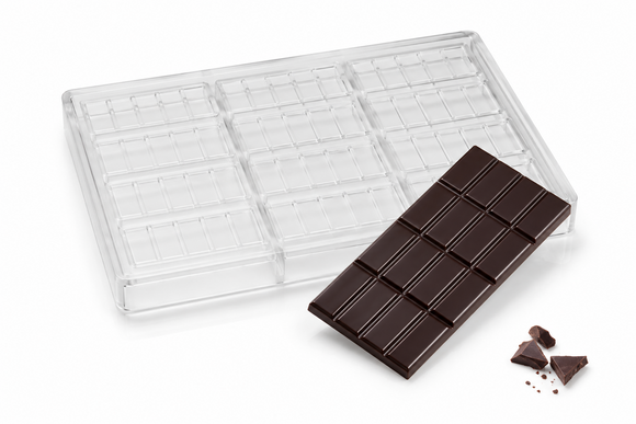 85g polycarbonate chocolate bar mold with 3 bar cavities, 16 pieces per bar, and finished chocolate bar